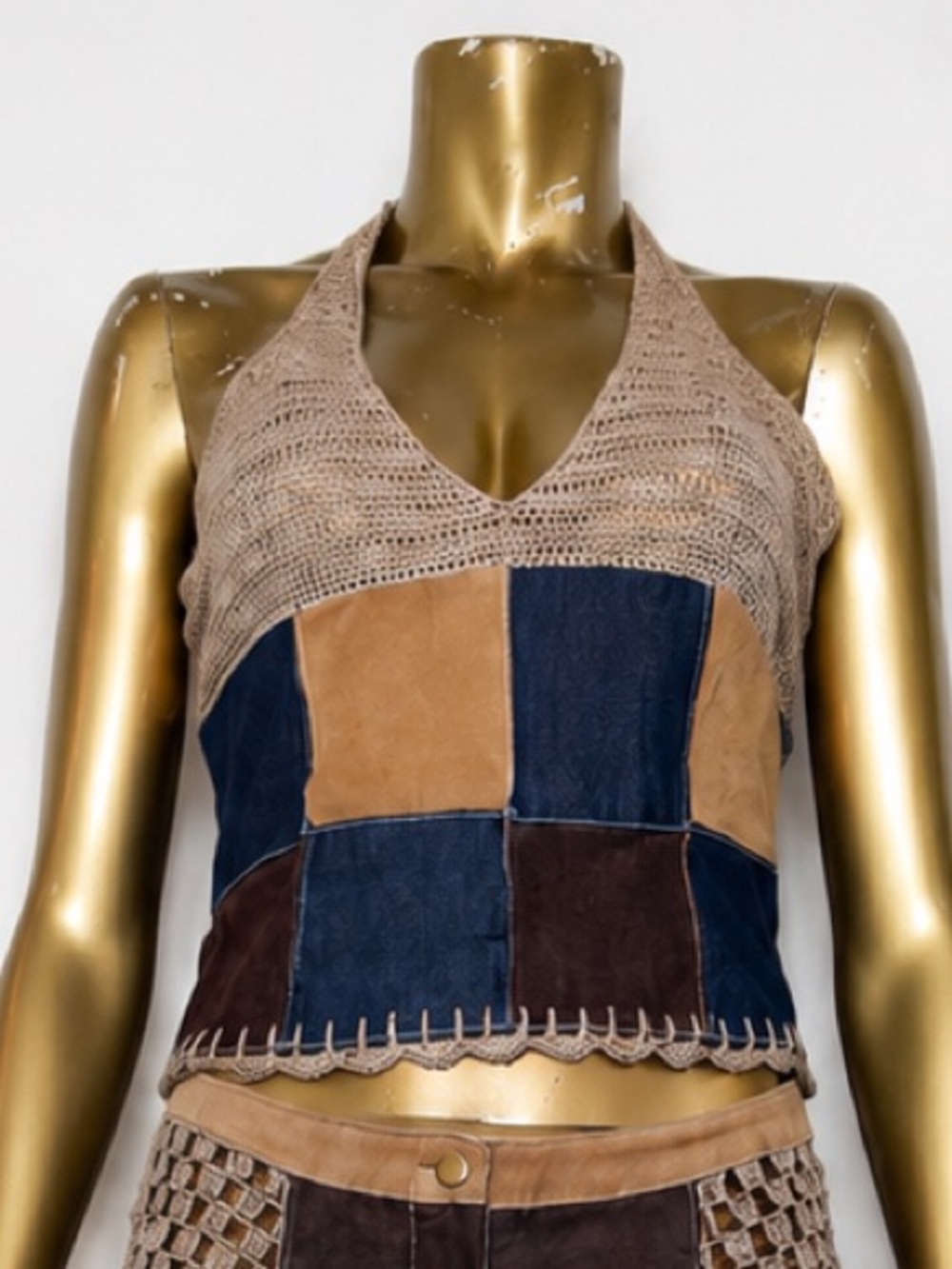 Y2K Wilson’s Leather Maxima Suede Denim Crochet Patchwork halter top size M - Picture 2 of 12